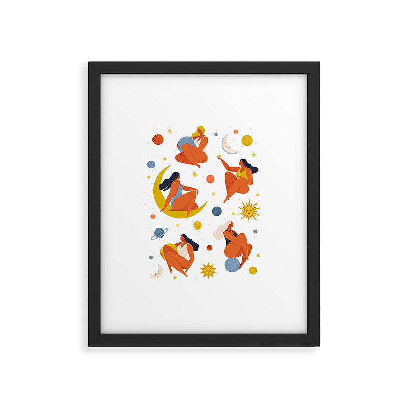 Collection of women holding planet with dream universe. Framed Art Print Gallery Image 6