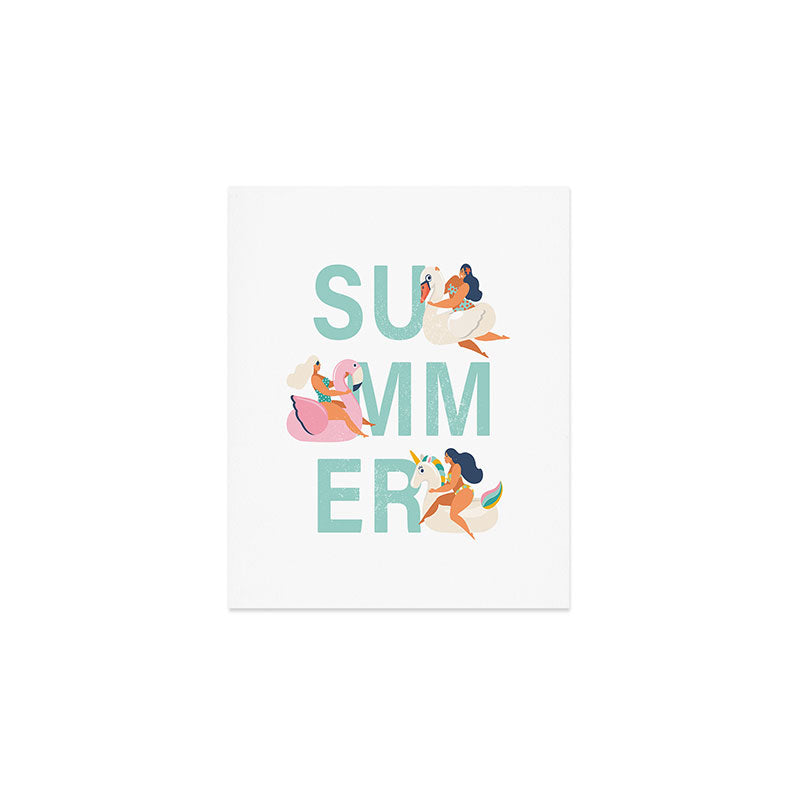 Gils on inflatable in swimming pool floats. Art Print Gallery Image 1