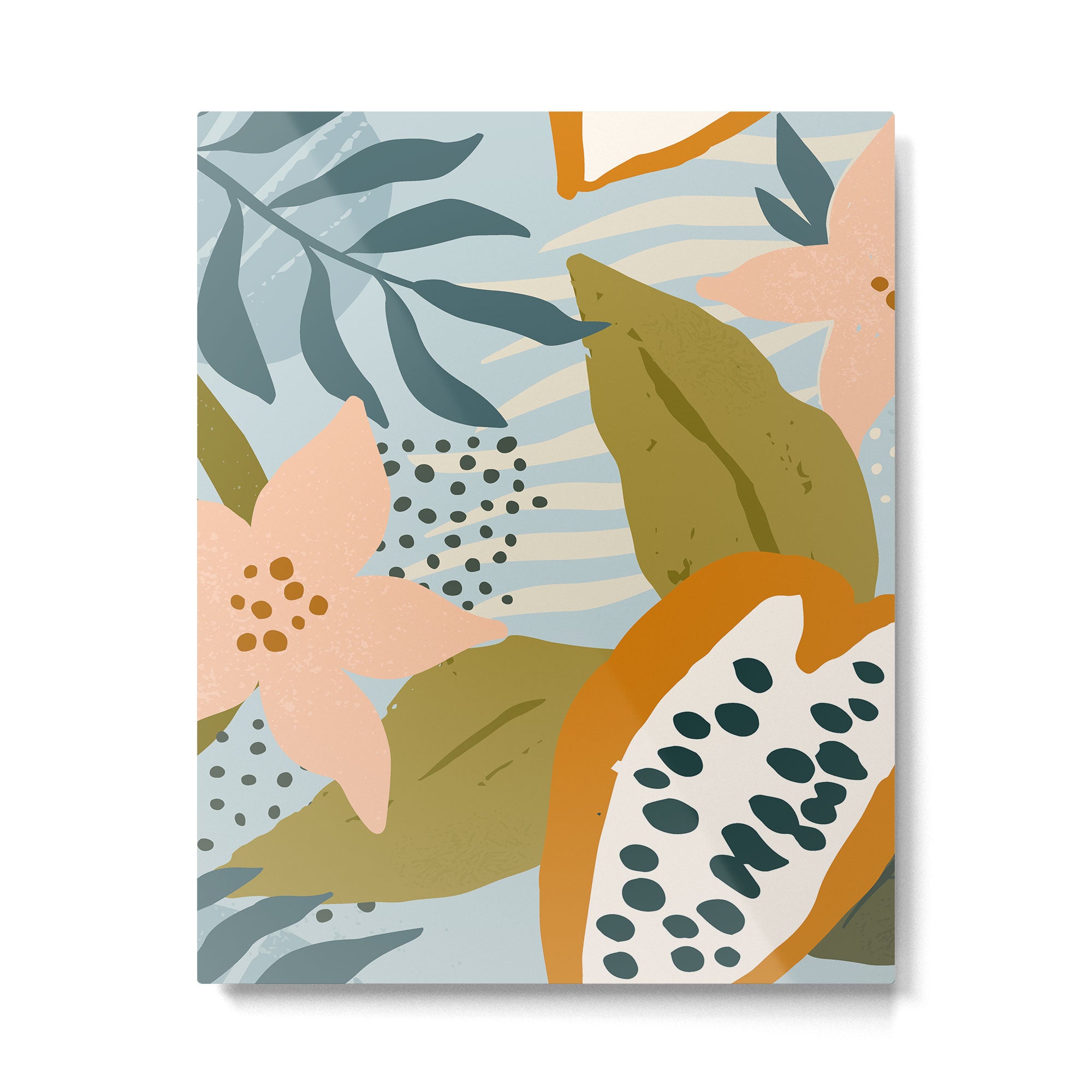 Modern exotic jungle cocoa beans, flowers and plants illustration Metal Print Gallery Image 4