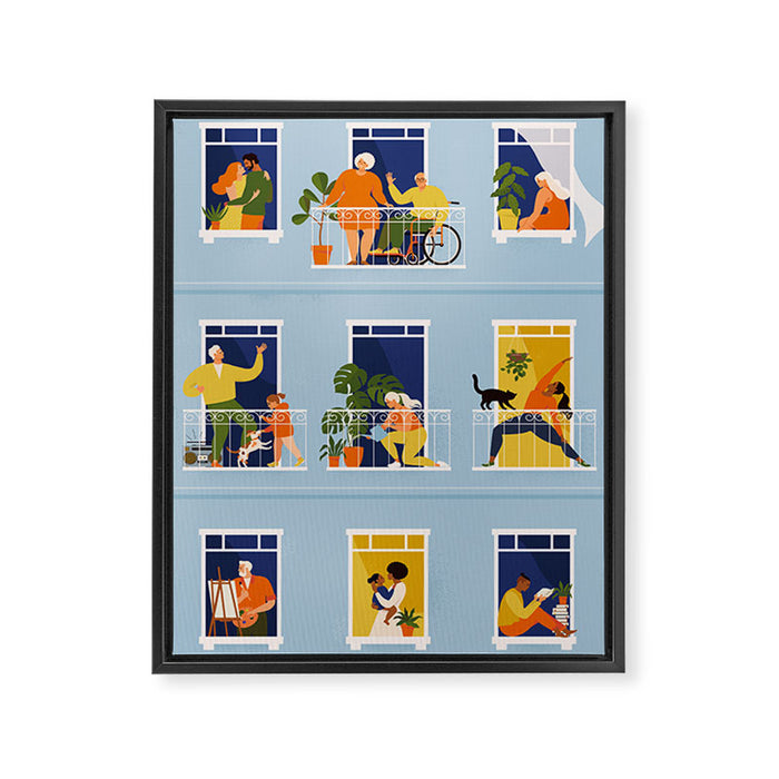 People on balconies Framed Canvas Print Gallery Image 1