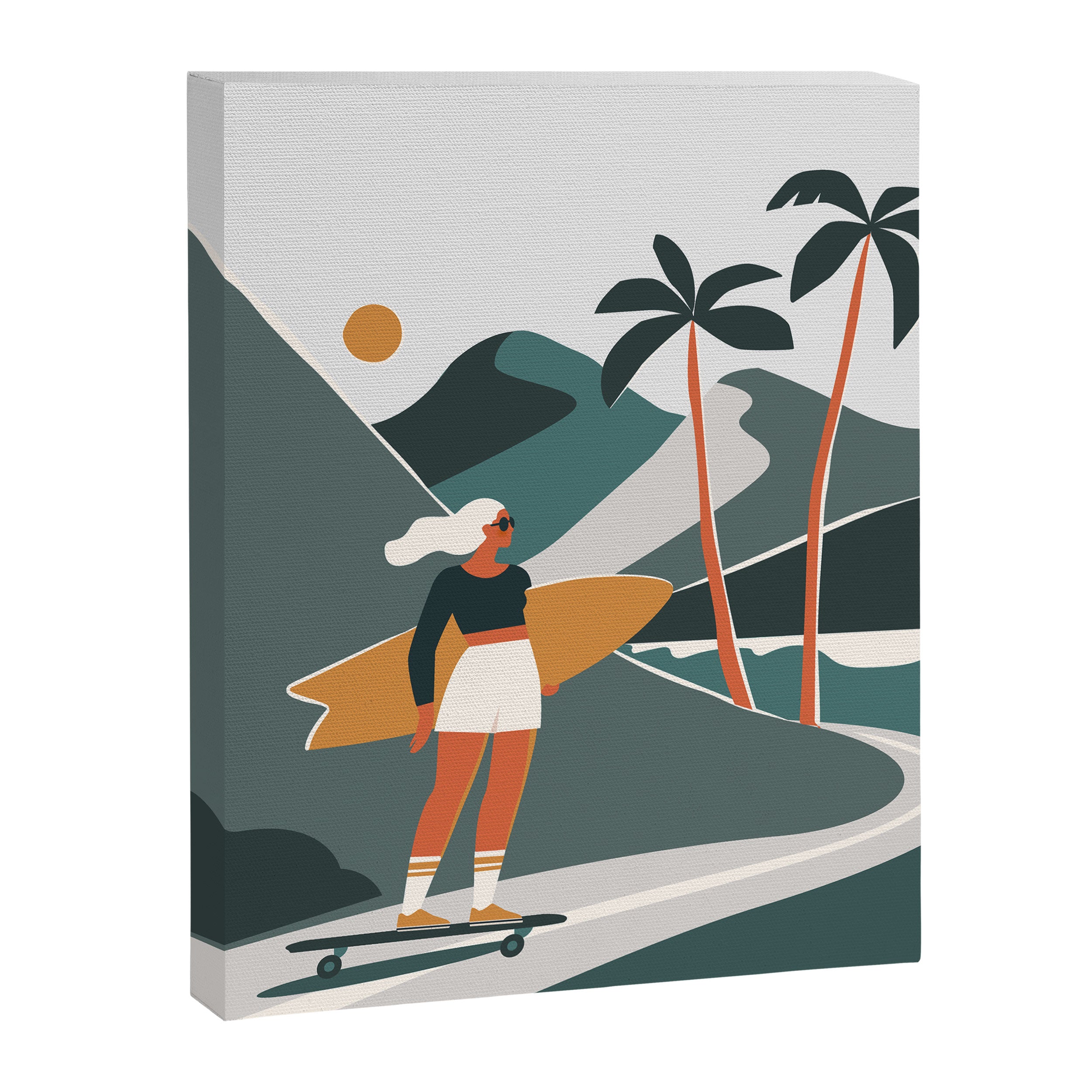 Single Fin Soul - Surfing Illustration with Longboard Balancing Surfer Girl Canvas Print Gallery Image 6