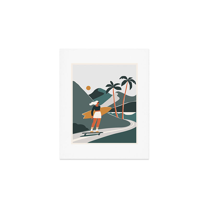 Single Fin Soul - Surfing Illustration with Longboard Balancing Surfer Girl Art Print Gallery Image 1