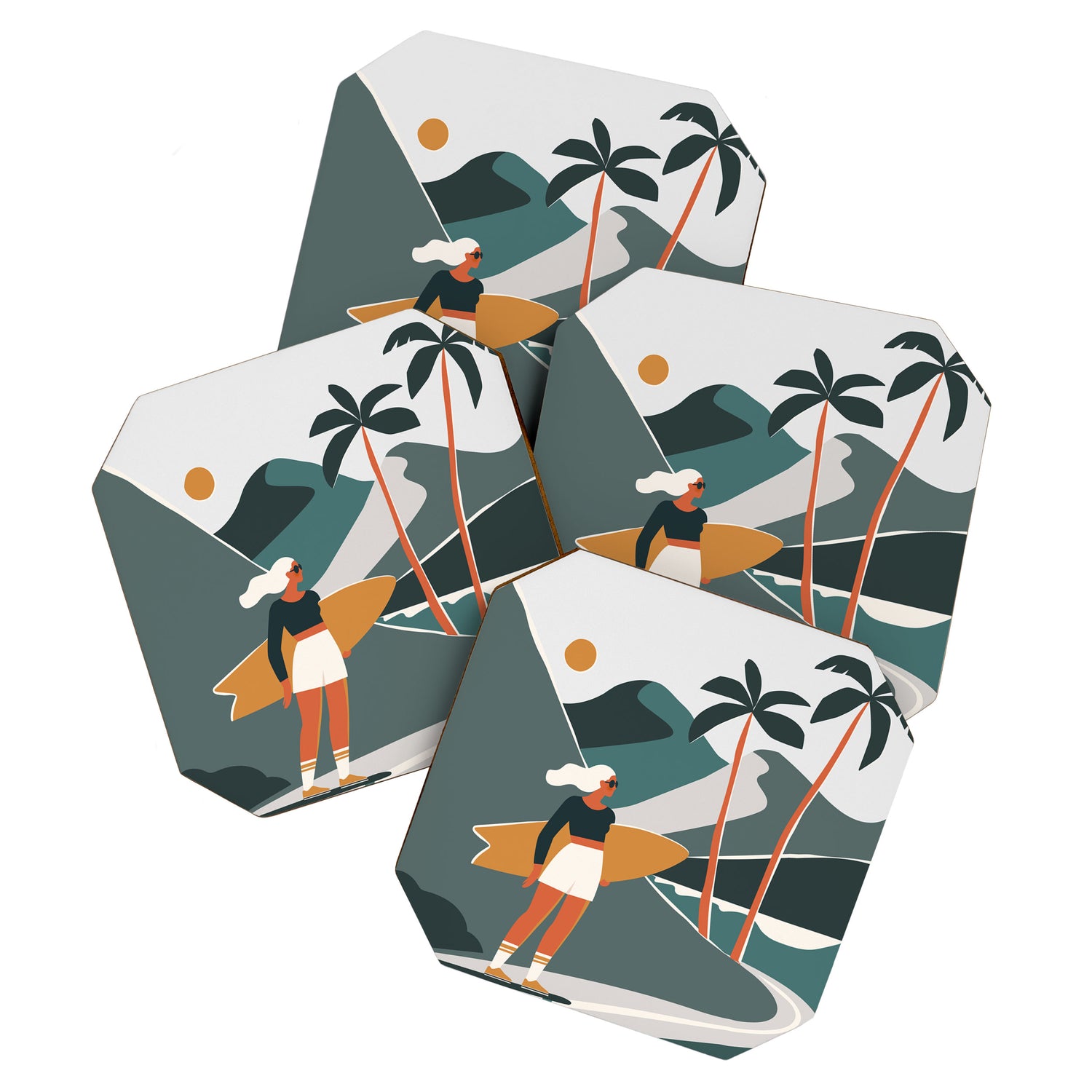 Single Fin Soul - Surfing Illustration with Longboard Balancing Surfer Girl Coaster Gallery Image 1