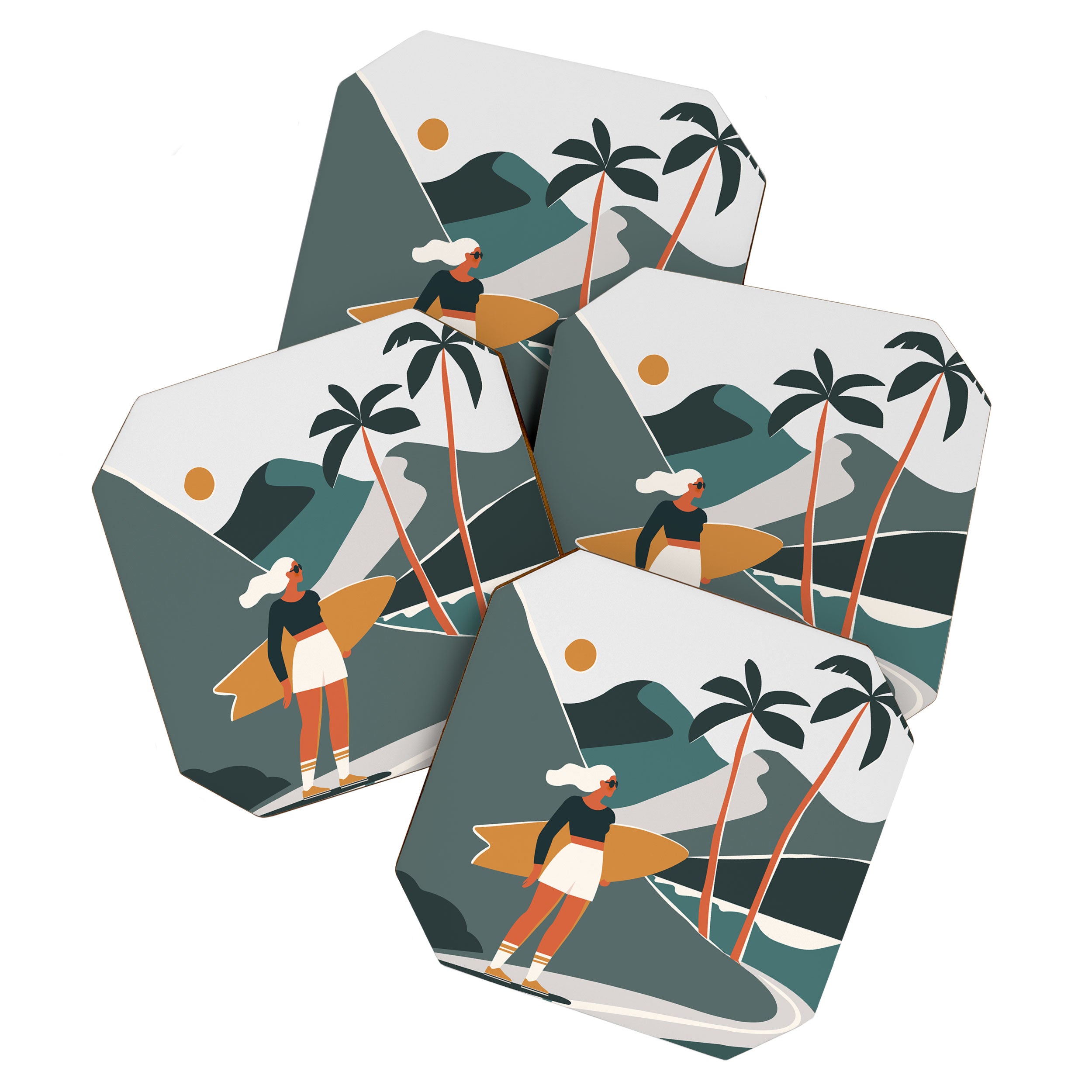 Single Fin Soul - Surfing Illustration with Longboard Balancing Surfer Girl Coaster Gallery Image 1