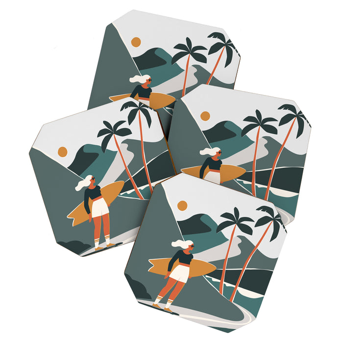 Single Fin Soul - Surfing Illustration with Longboard Balancing Surfer Girl Coaster Gallery Image 1