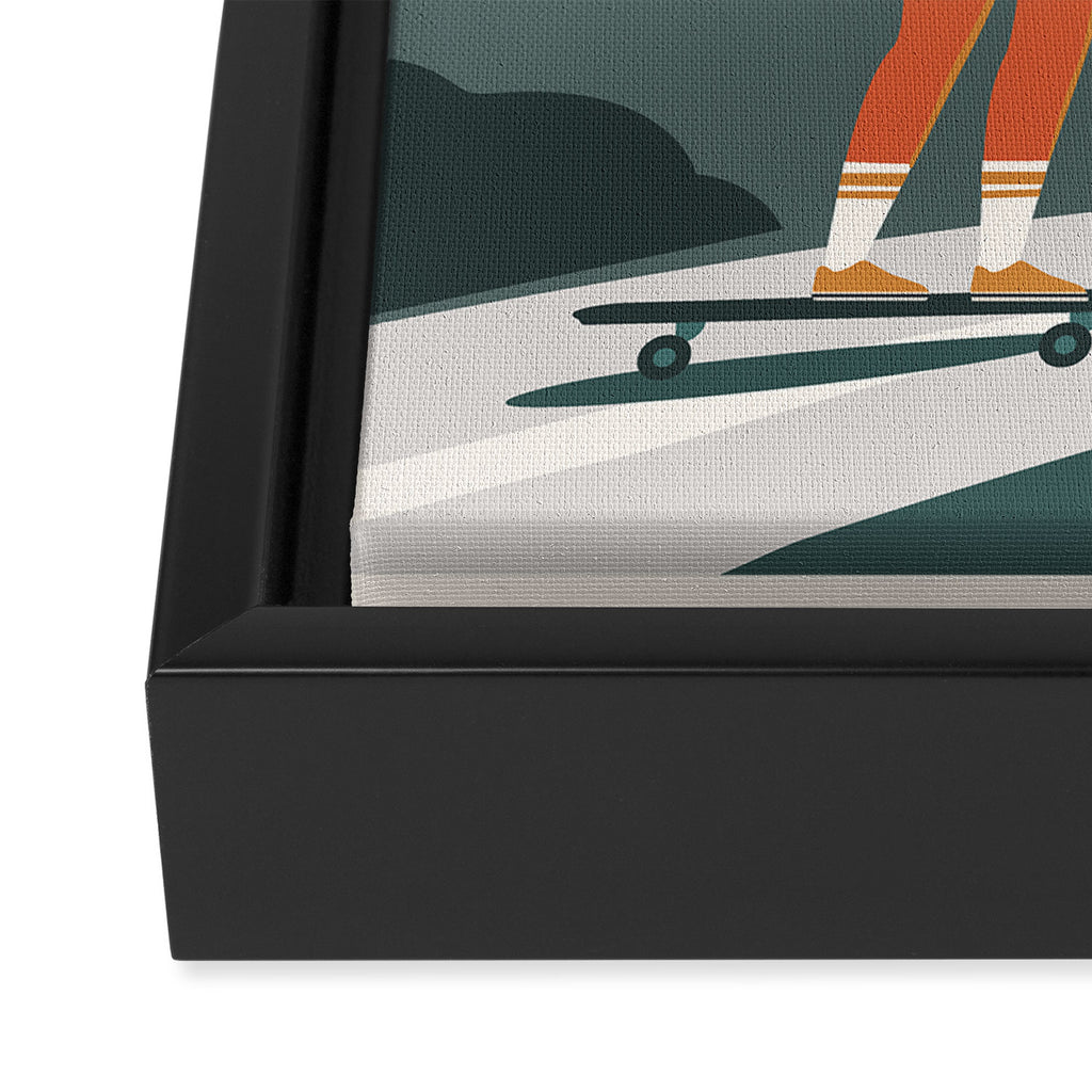 Single Fin Soul - Surfing Illustration with Longboard Balancing Surfer Girl Framed Canvas Print Gallery Image 3
