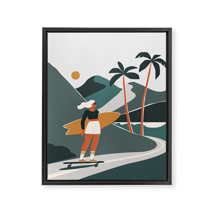 Single Fin Soul - Surfing Illustration with Longboard Balancing Surfer Girl Framed Canvas Print Gallery Image 1