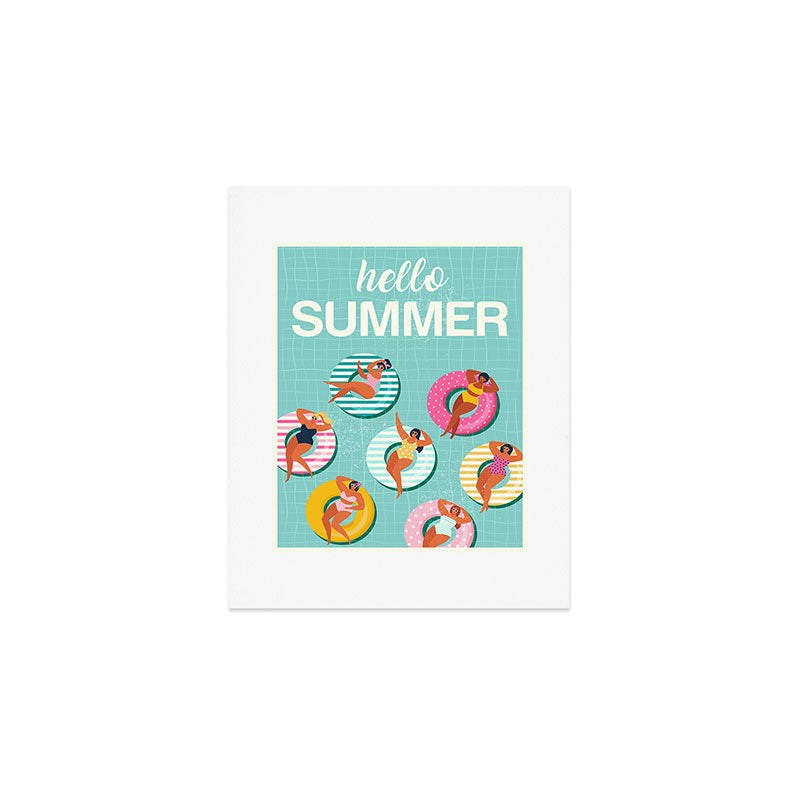 Summer gils on inflatable in swimming pool floats. Art Print Gallery Image 1