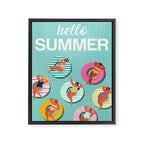 Summer gils on inflatable in swimming pool floats. Framed Canvas Print Gallery Image 8