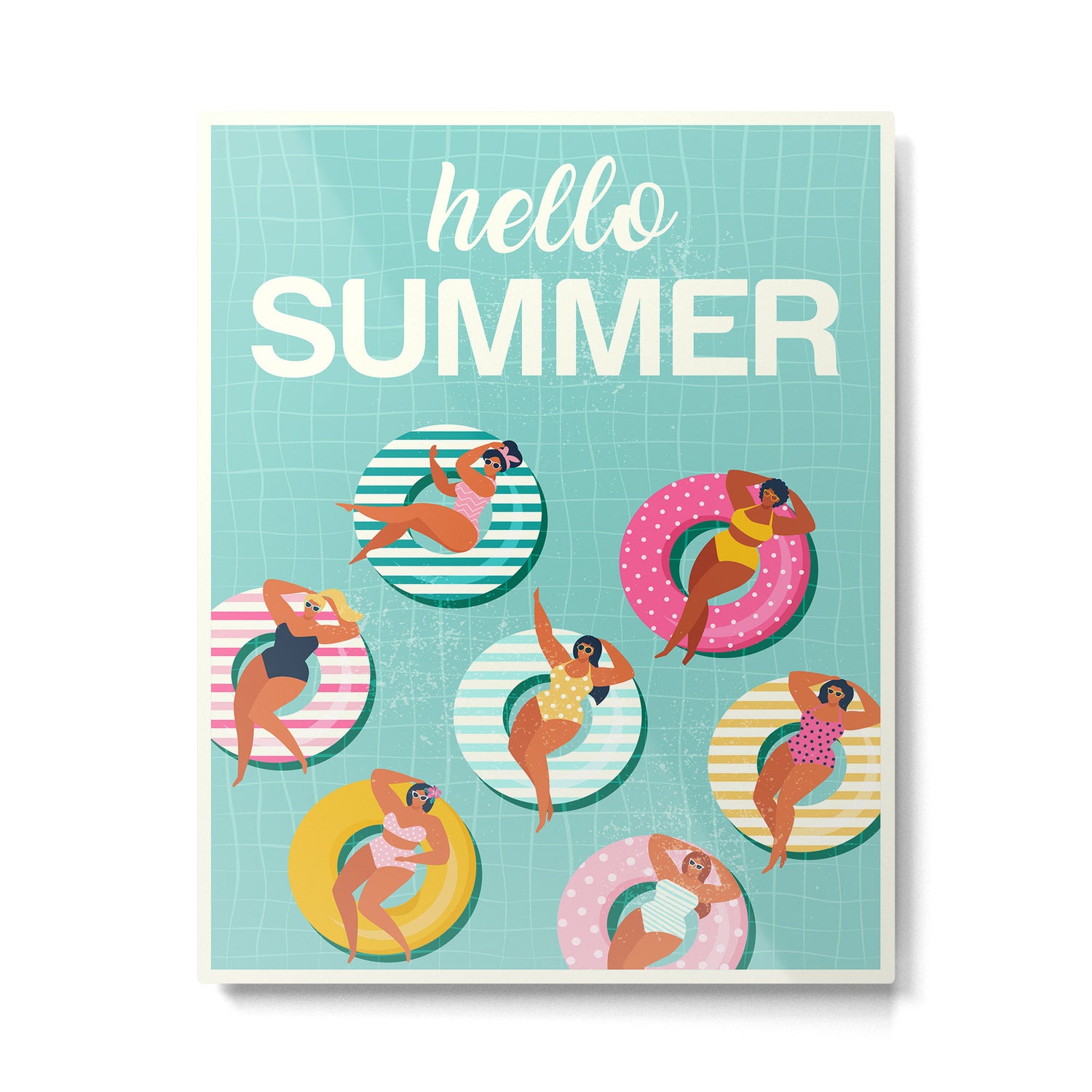 Summer gils on inflatable in swimming pool floats. Metal Print Gallery Image 6