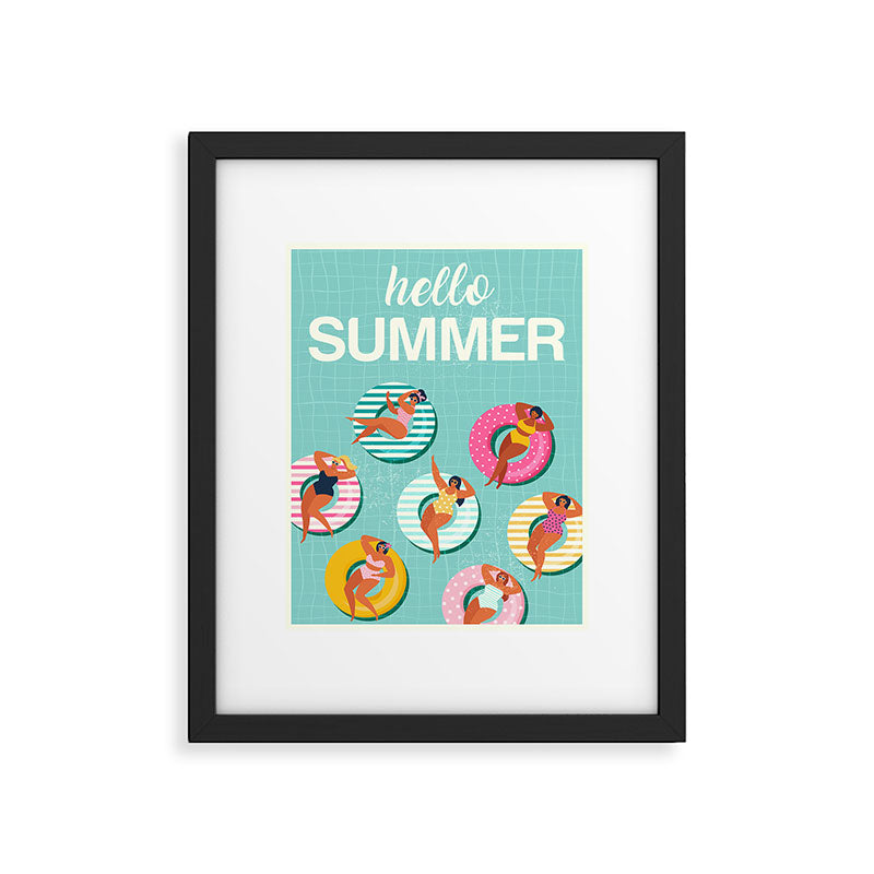 Summer gils on inflatable in swimming pool floats. Framed Art Print Gallery Image 6