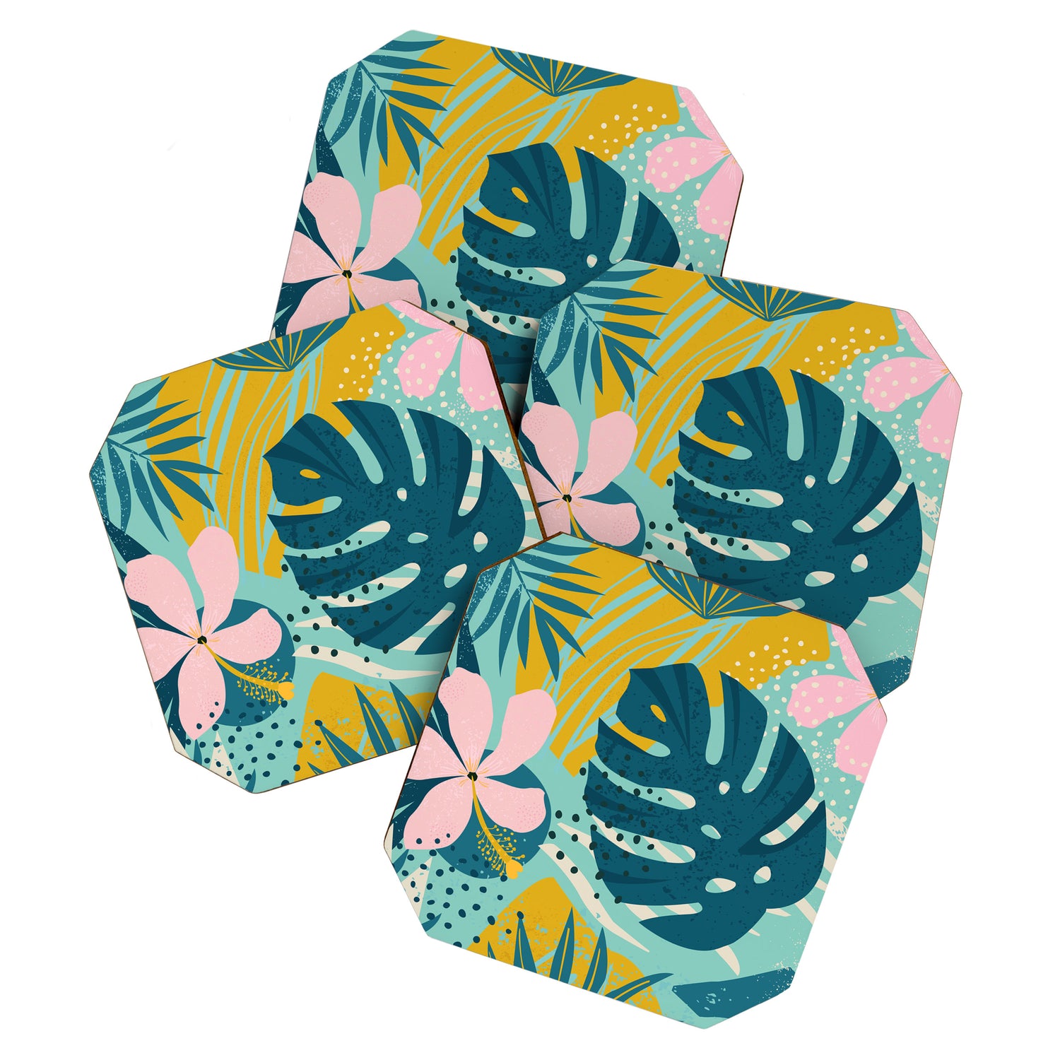 Tropical geometric flowers and plants on turquoise background Coaster Gallery Image 1