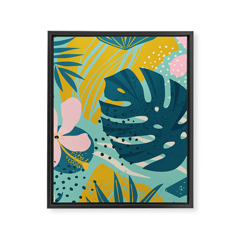 Tropical geometric flowers and plants on turquoise background Framed Canvas Print Gallery Image 6
