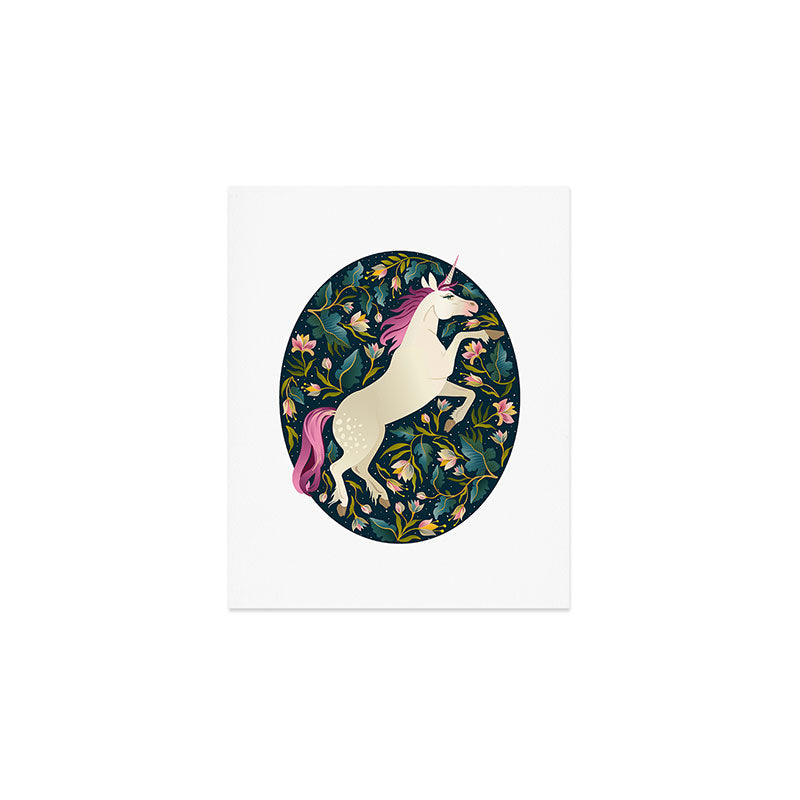 Unicorns on a dark background with a fairy forest Art Print Gallery Image 1