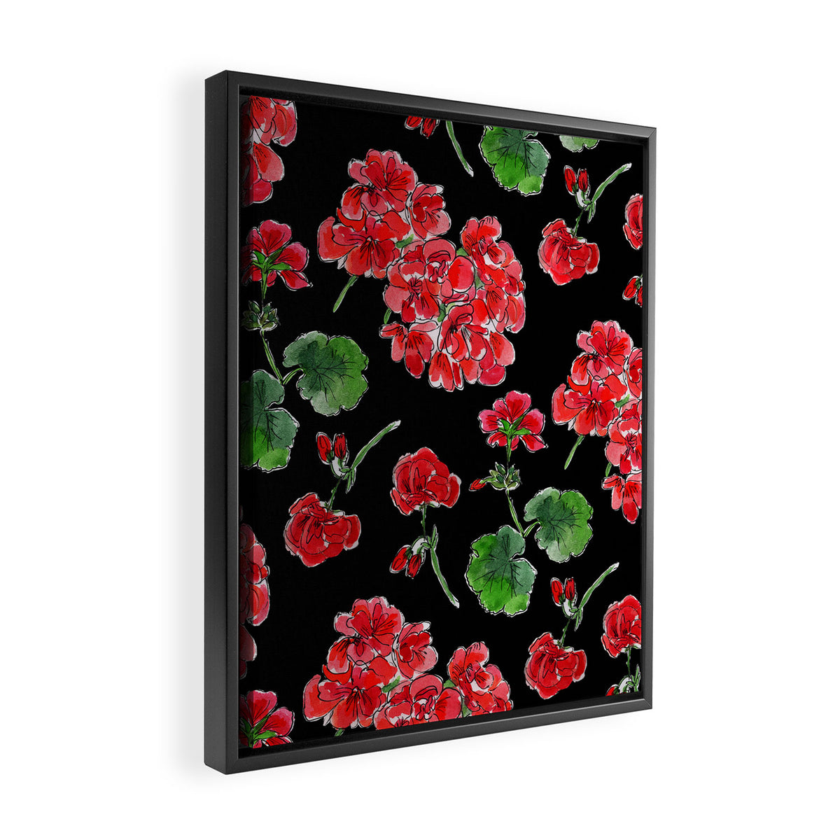 Red Geranium with black background Framed Canvas Print Gallery Image 2
