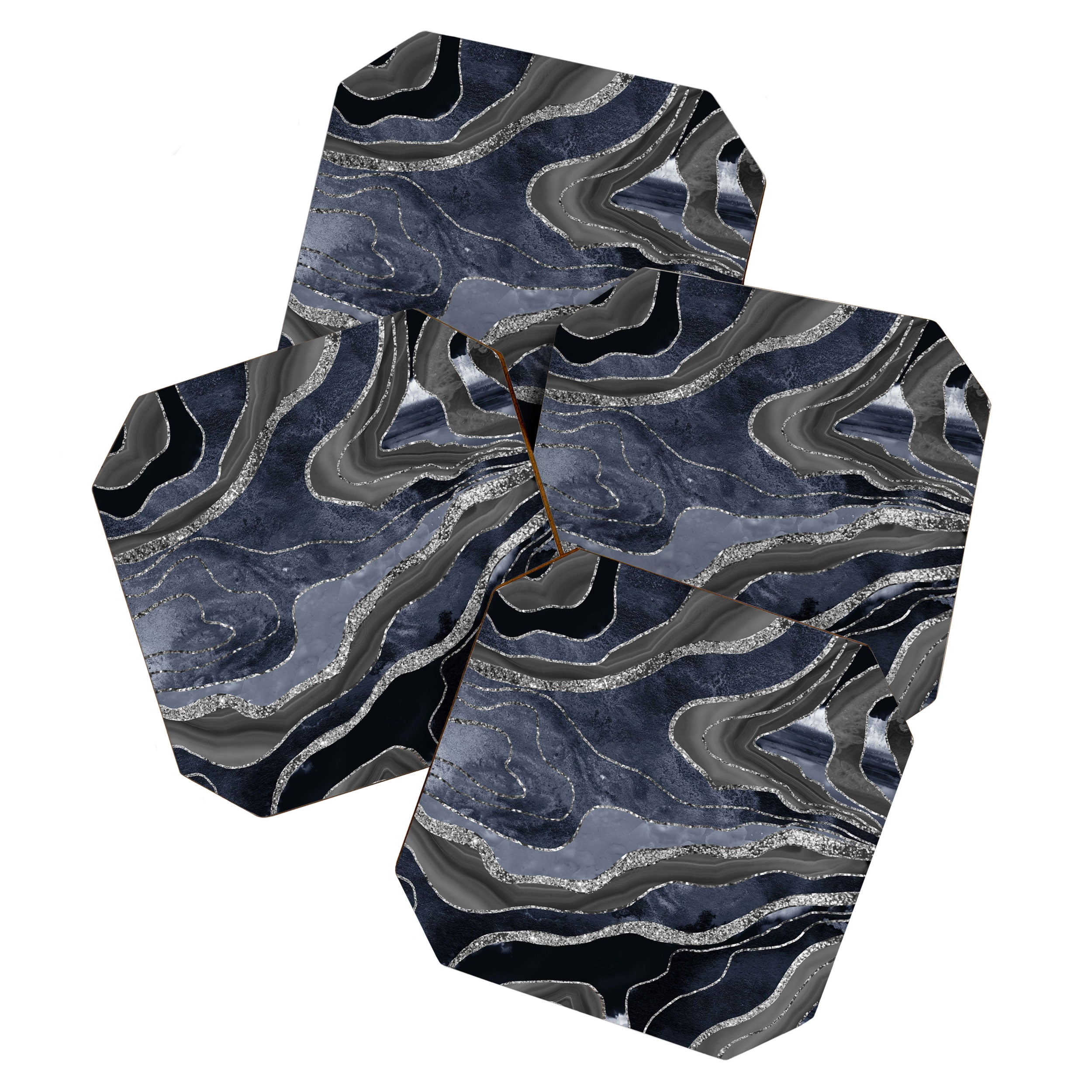 Navy Blue Black Marble Agate Silver Glitter Glam #1 (Faux Glitter) #decor #art #society6 Coaster Gallery Image 1