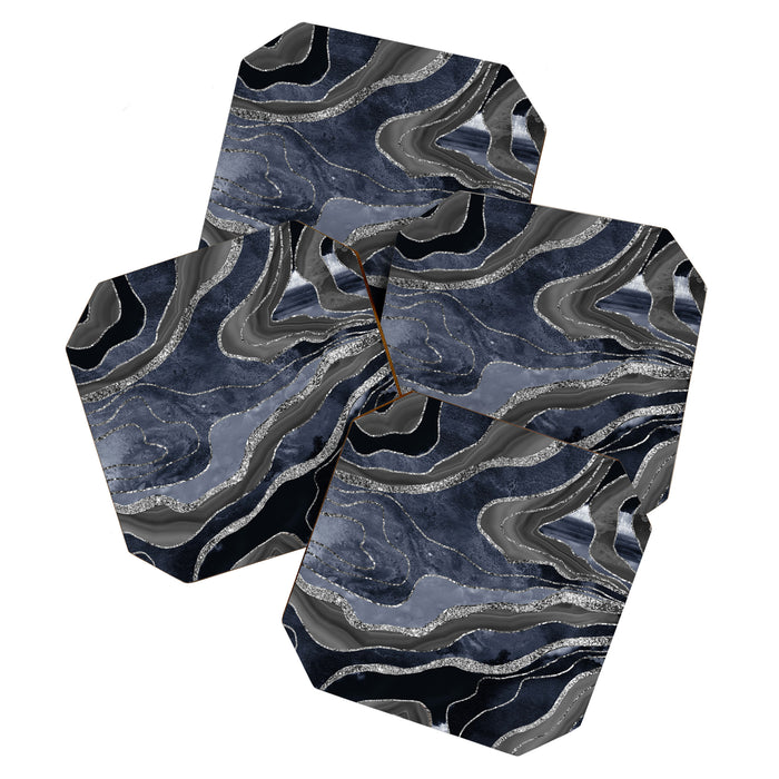 Navy Blue Black Marble Agate Silver Glitter Glam #1 (Faux Glitter) #decor #art #society6 Coaster Gallery Image 1