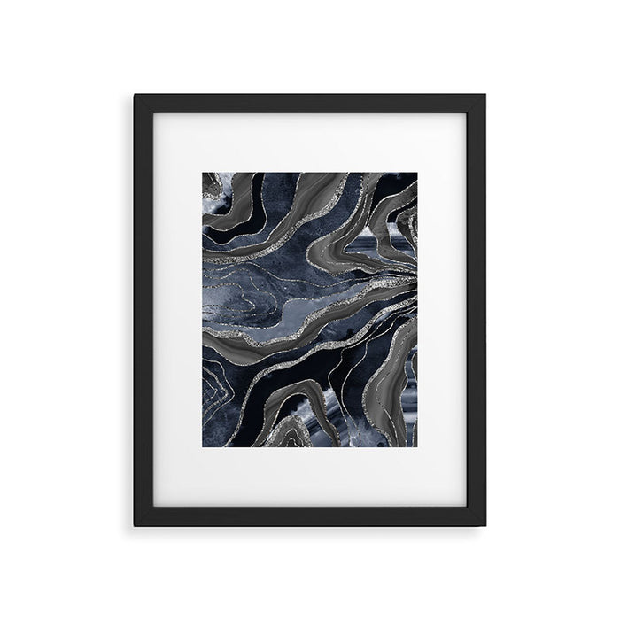Navy Blue Black Marble Agate Silver Glitter Glam #1 (Faux Glitter) #decor #art #society6 Framed Art Print Gallery Image 1