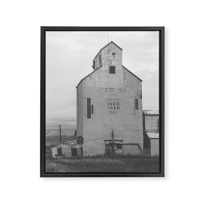 Montana Grain Elevator | Black and White Montana Photography Framed Canvas Print Gallery Image 1