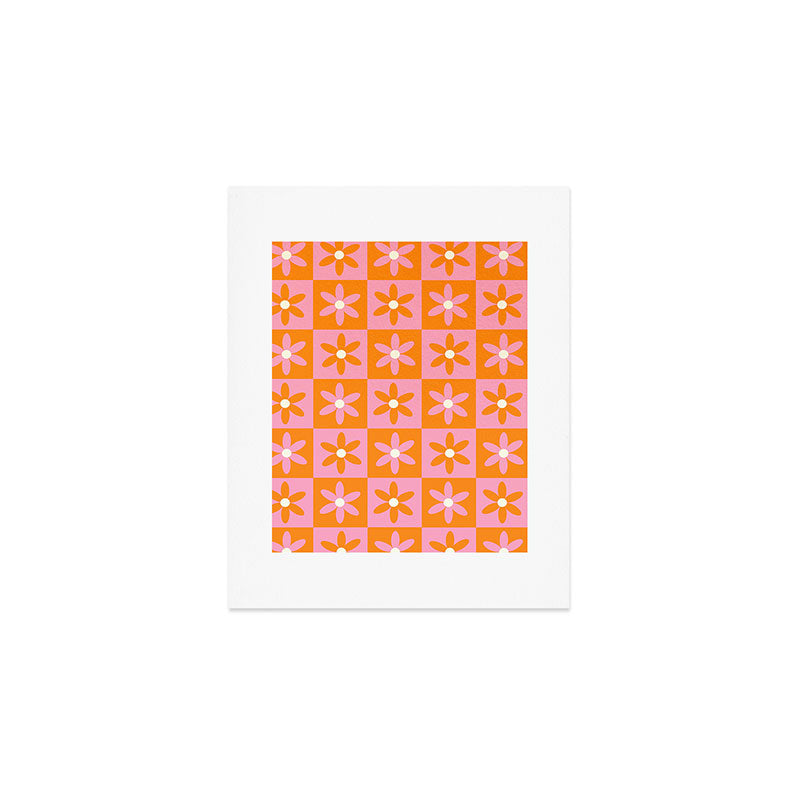 Pink and Orange Flower Checker Pattern Art Print Gallery Image 1