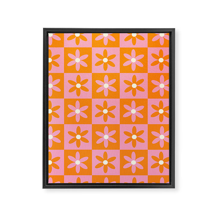 Pink and Orange Flower Checker Pattern Framed Canvas Print Gallery Image 1