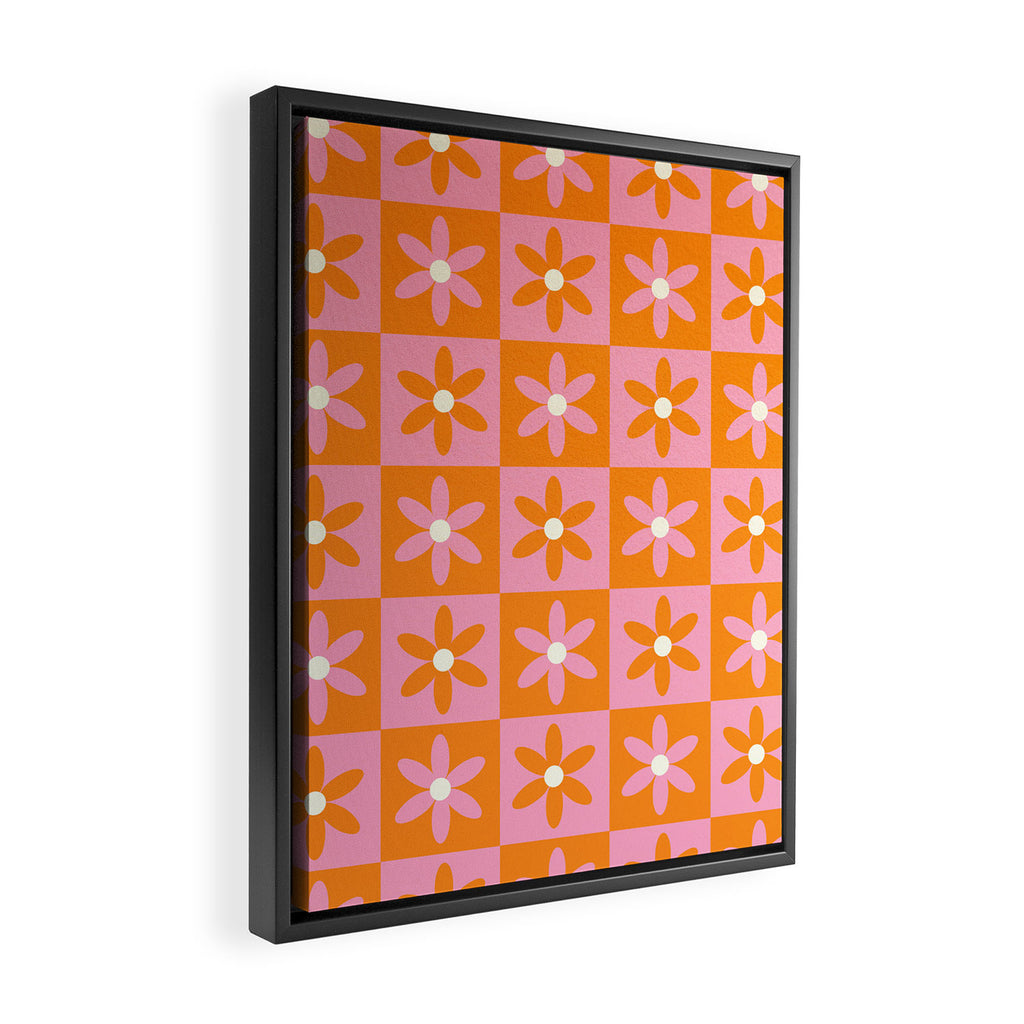 Pink and Orange Flower Checker Pattern Framed Canvas Print Gallery Image 2