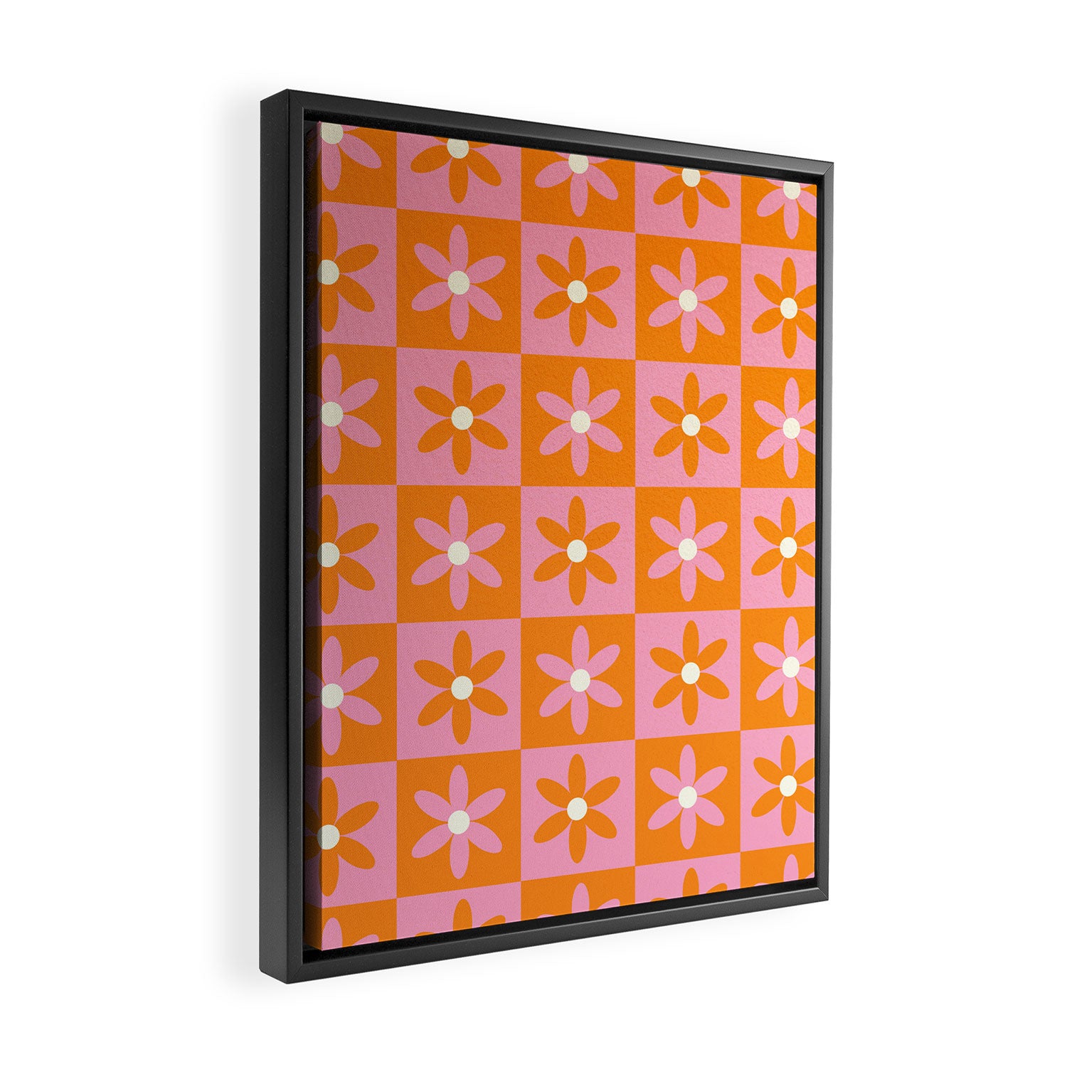 Pink and Orange Flower Checker Pattern Framed Canvas Print Gallery Image 2
