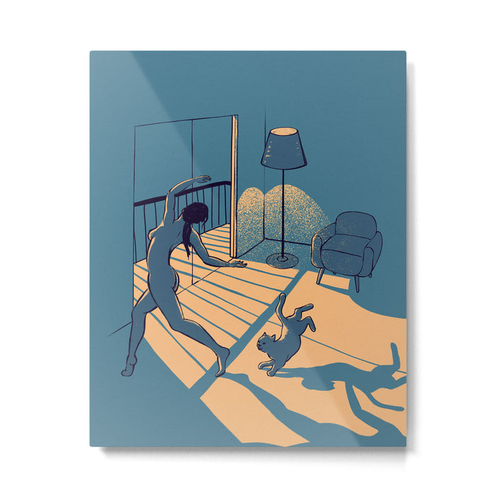 Dancing with the cat | Blue Moody sunset light and shadows Aesthetic room | Naked dance Femme Fatale Metal Print Gallery Image 1