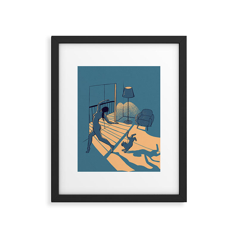 Dancing with the cat | Blue Moody sunset light and shadows Aesthetic room | Naked dance Femme Fatale Framed Art Print Gallery Image 5