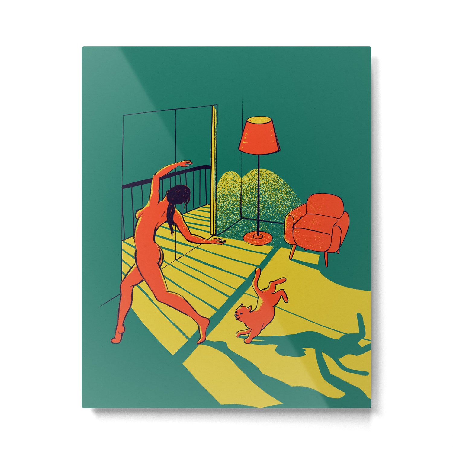 Dancing with the cat | Moody sunset light and shadows Aesthetic Green room Naked dance Femme Fatale  Metal Print Gallery Image 4