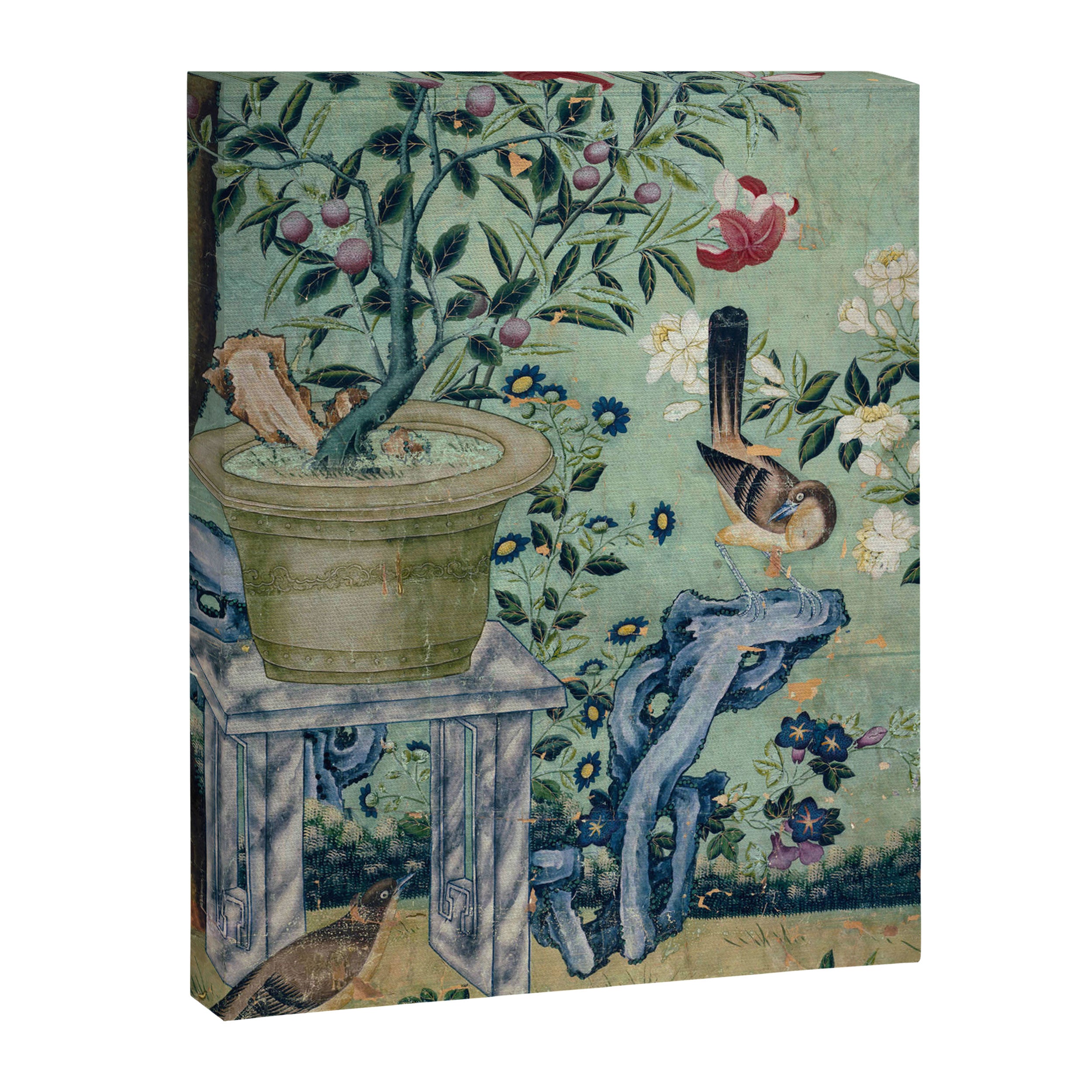 18th Century Antique Mint Chinoiserie Bird Garden Fresco 1740 Canvas Print Gallery Image 6