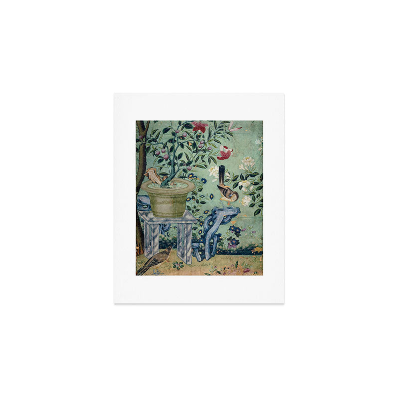 18th Century Antique Mint Chinoiserie Bird Garden Fresco 1740 Art Print Gallery Image 1