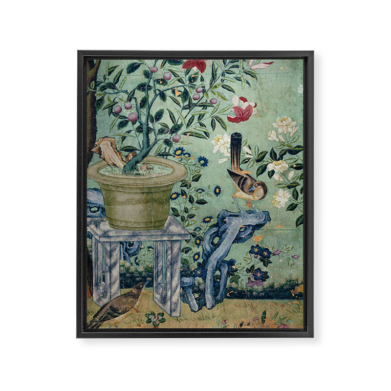 18th Century Antique Mint Chinoiserie Bird Garden Fresco 1740 Framed Canvas Print Gallery Image 6
