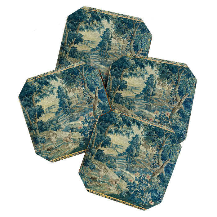 Antique 18th Century Flemish Verdure Green Bird Garden Landscape Tapestry Coaster Gallery Image 1