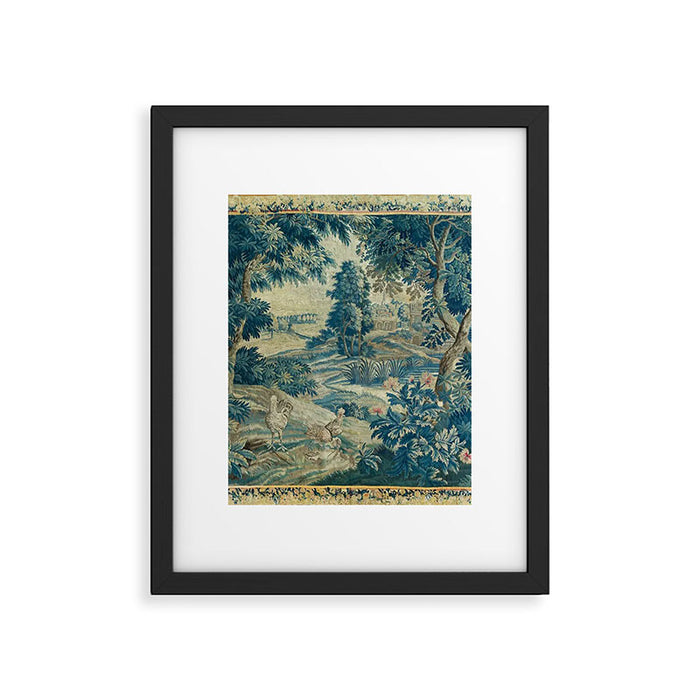 Antique 18th Century Flemish Verdure Green Bird Garden Landscape Tapestry Framed Art Print Gallery Image 1