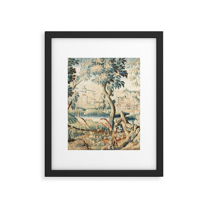 Antique 18th Century French Chateau Bird Garden Verdure Tapestry Framed Art Print Gallery Image 1