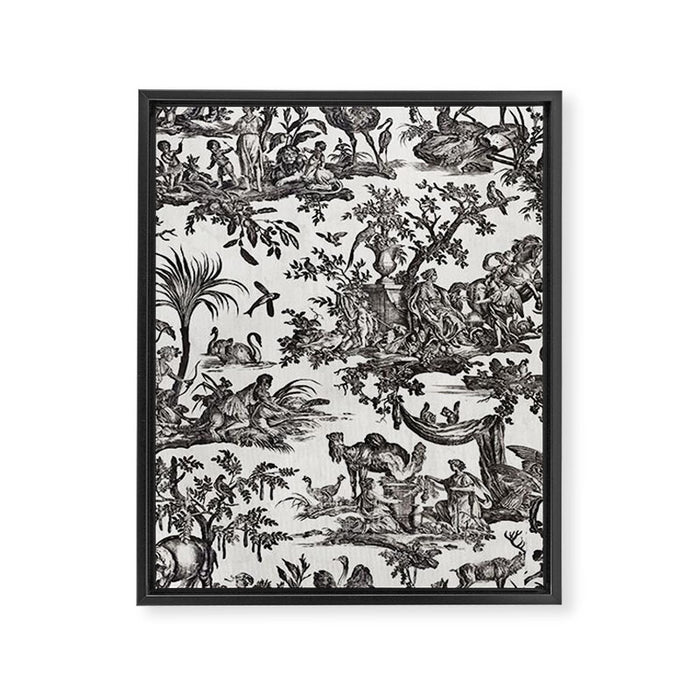 Antique 18th Century French Vintage Toile de Jouy Black & White Framed Canvas Print Gallery Image 1