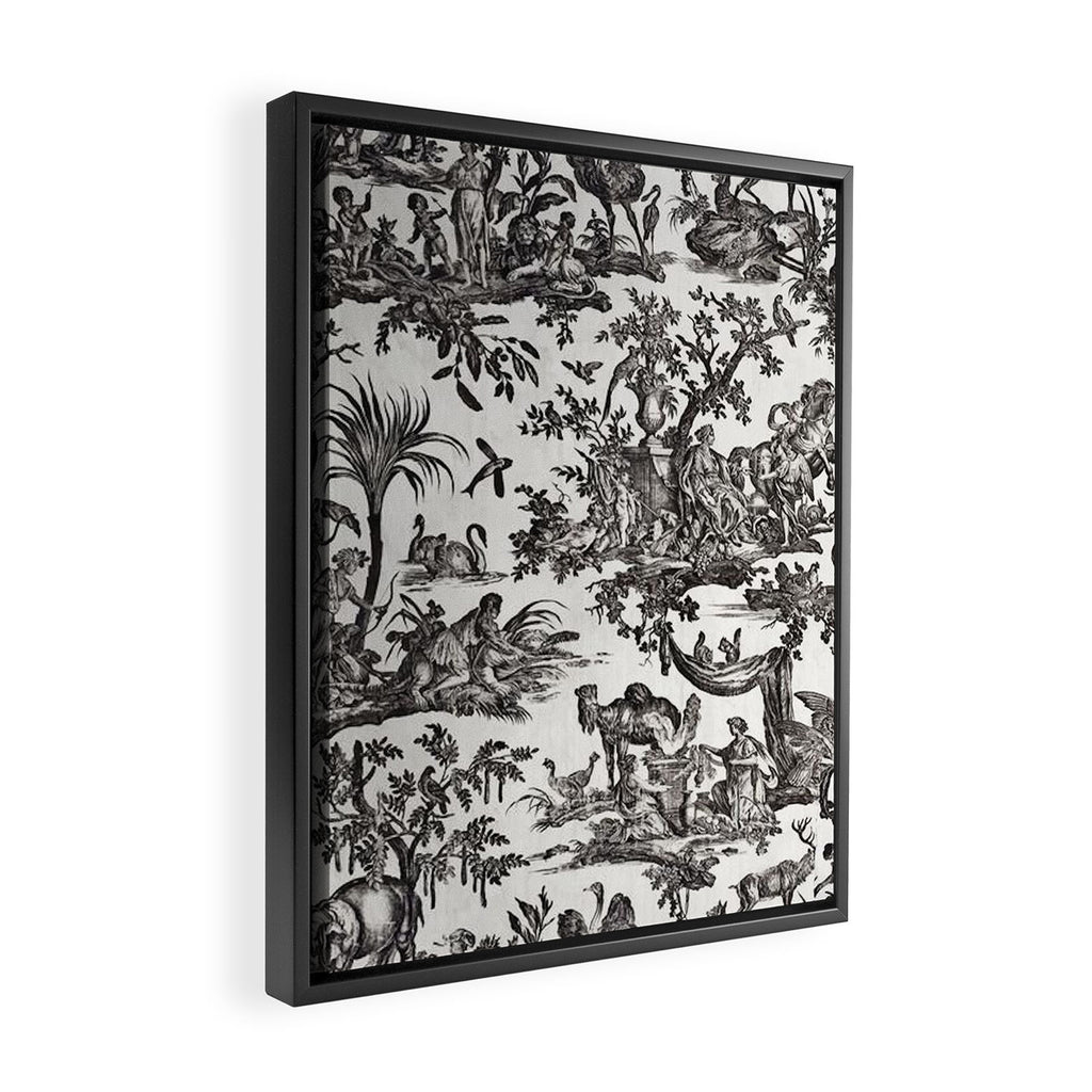 Antique 18th Century French Vintage Toile de Jouy Black & White Framed Canvas Print Gallery Image 2