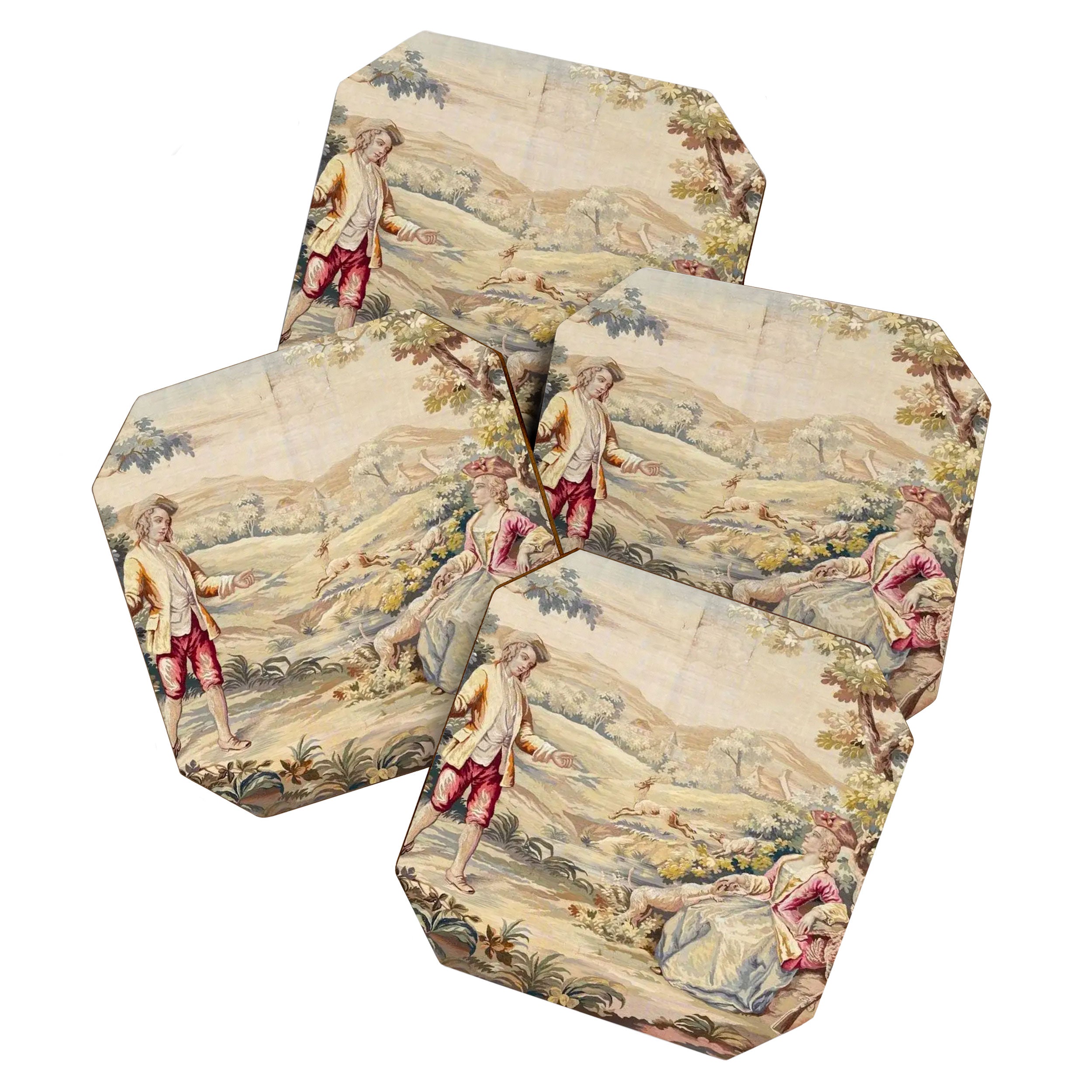 Antique 19th Century French Aubusson Tapestry Romantic Hunting Scene Coaster Gallery Image 1
