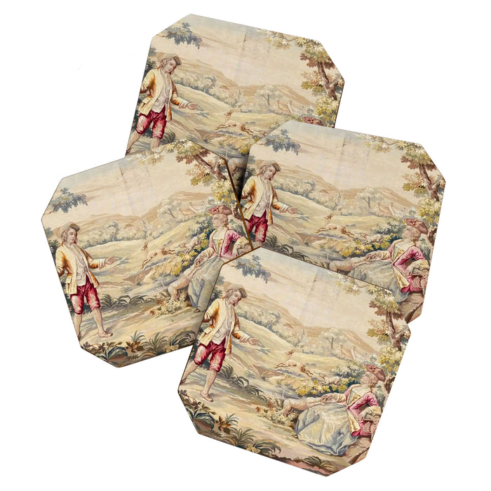 Antique 19th Century French Aubusson Tapestry Romantic Hunting Scene Coaster Gallery Image 1