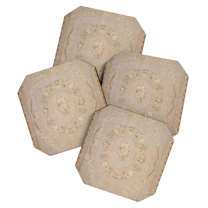 Antique French Aubusson Carpet Beige Rose Floral Coaster Gallery Image 1