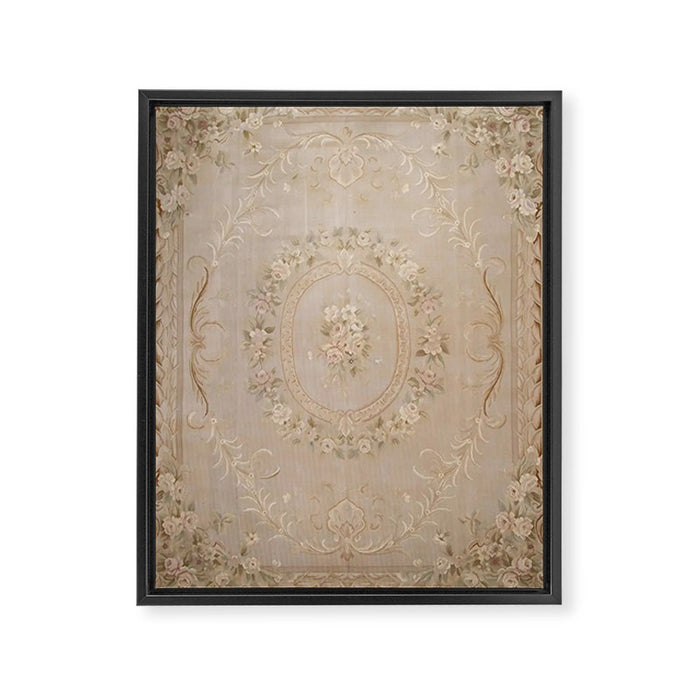 Antique French Aubusson Carpet Beige Rose Floral Framed Canvas Print Gallery Image 1