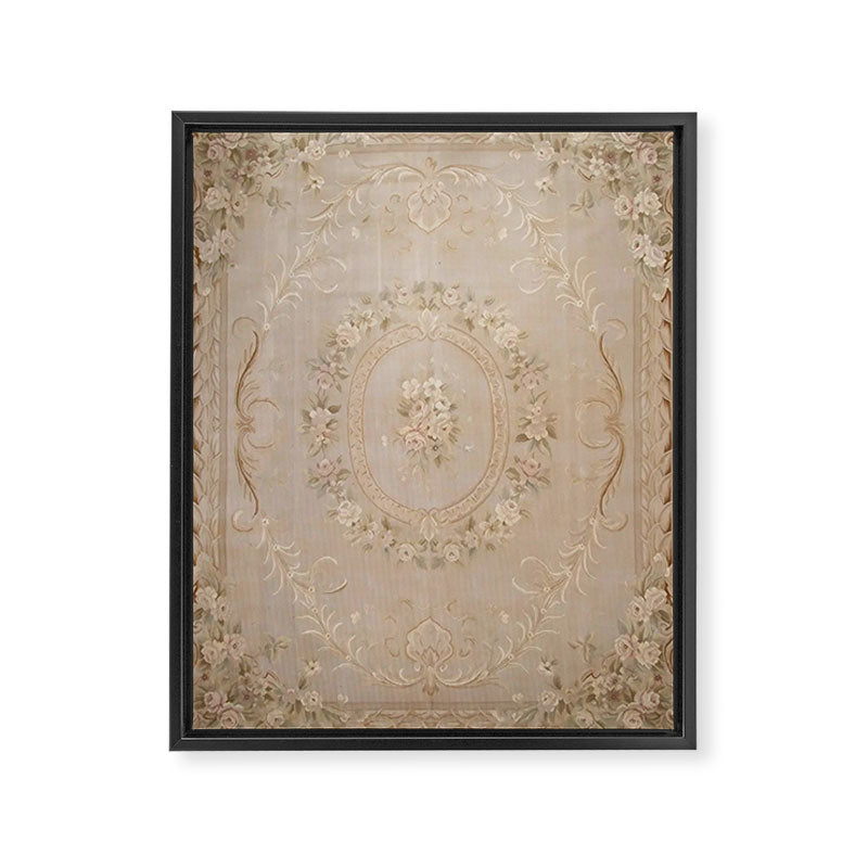 Antique French Aubusson Carpet Beige Rose Floral Framed Canvas Print Gallery Image 6