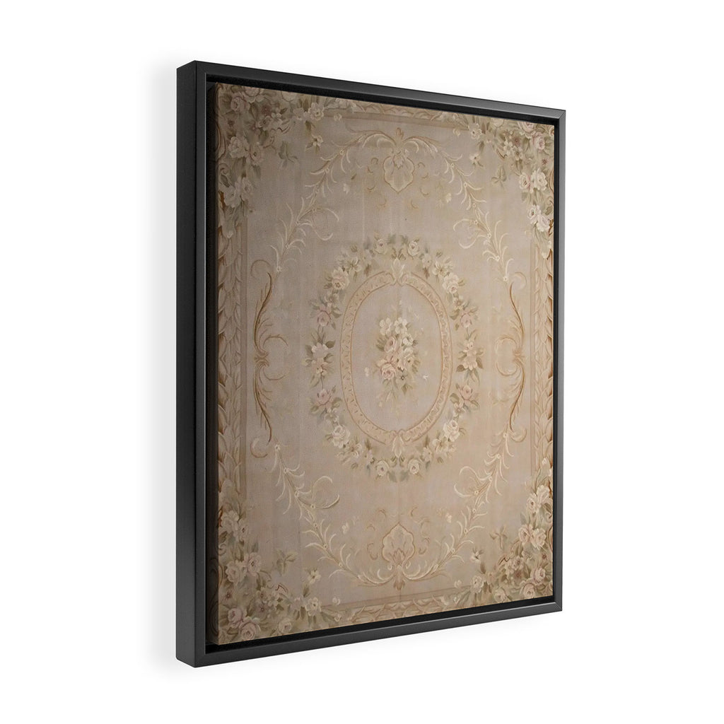 Antique French Aubusson Carpet Beige Rose Floral Framed Canvas Print Gallery Image 2