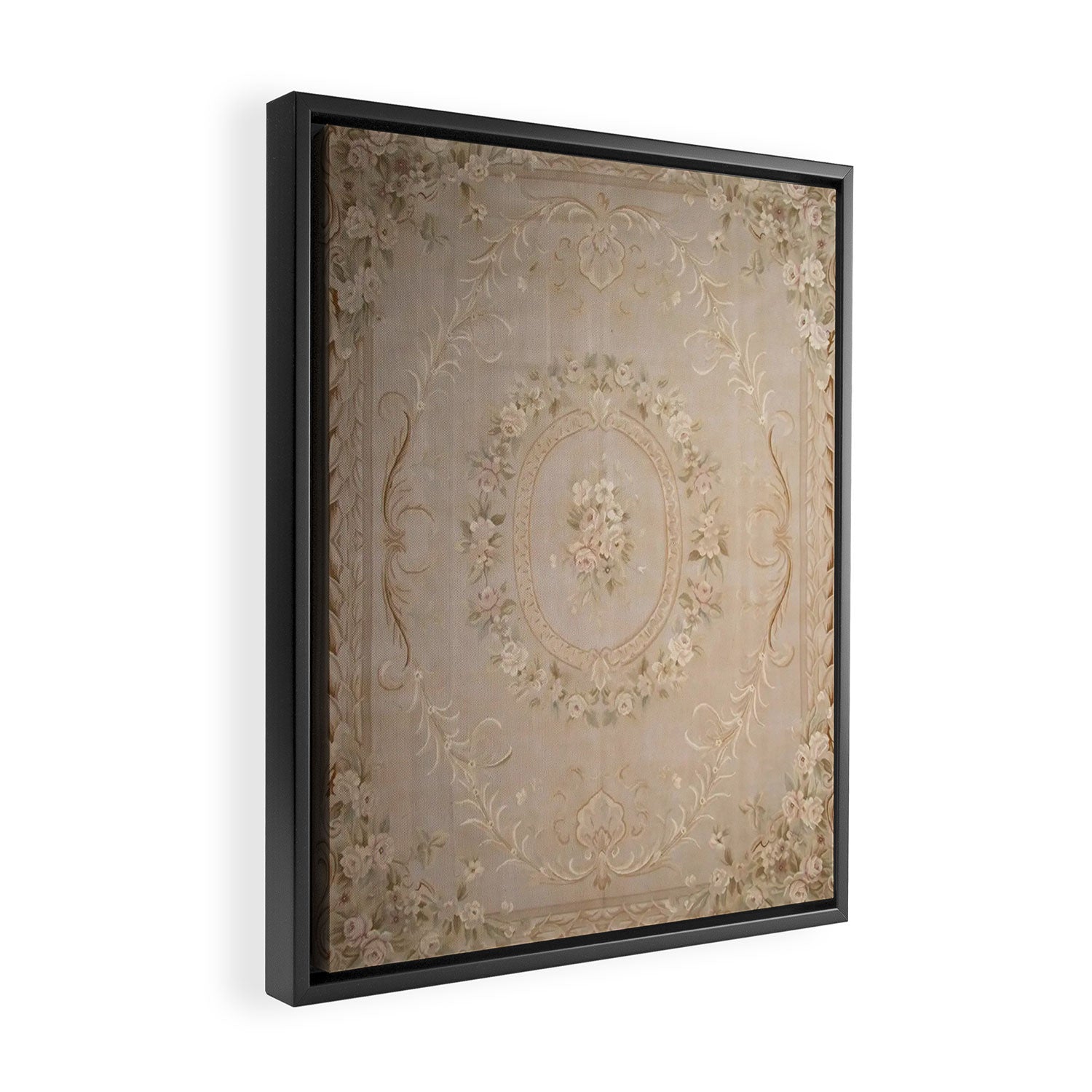 Antique French Aubusson Carpet Beige Rose Floral Framed Canvas Print Gallery Image 2
