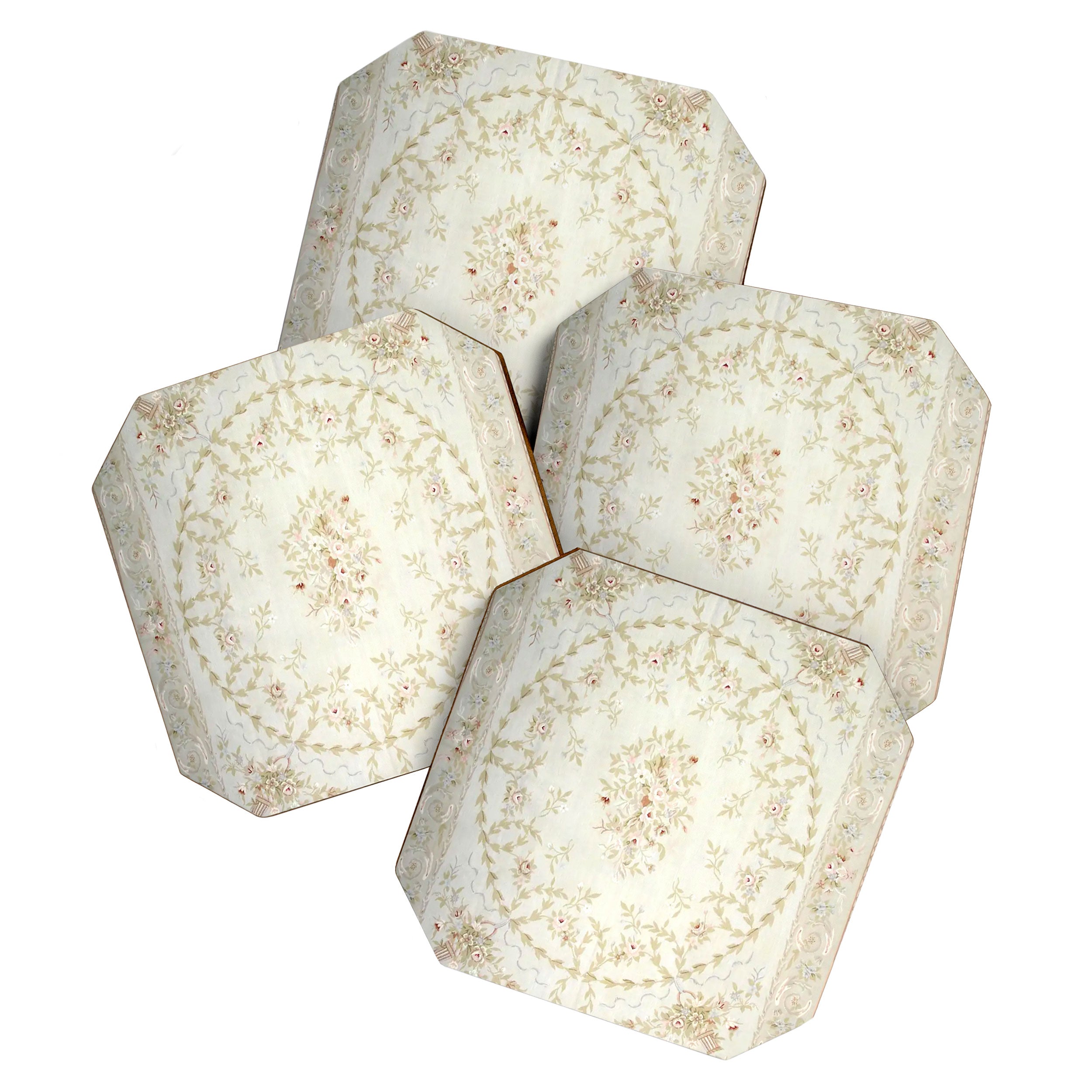 Antique French Aubusson Carpet Cream Rose Sage Floral Coaster Gallery Image 1