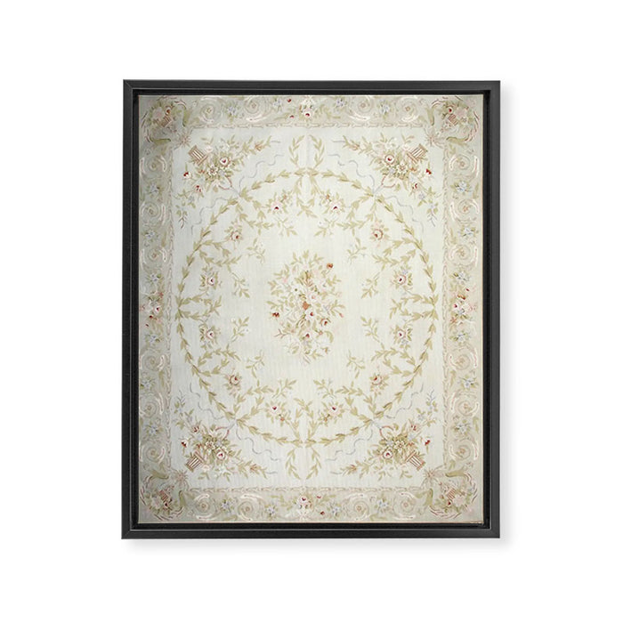 Antique French Aubusson Carpet Cream Rose Sage Floral Framed Canvas Print Gallery Image 1