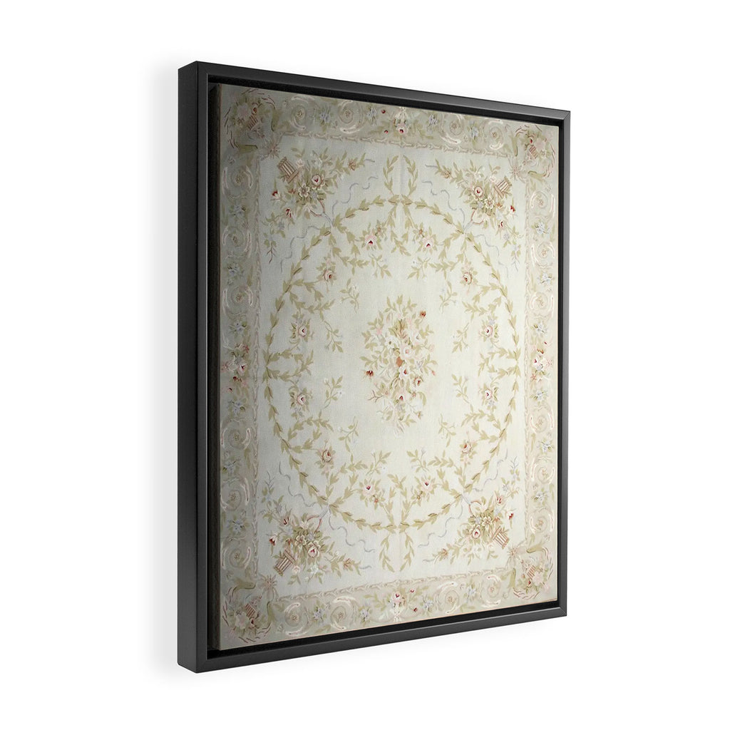 Antique French Aubusson Carpet Cream Rose Sage Floral Framed Canvas Print Gallery Image 2