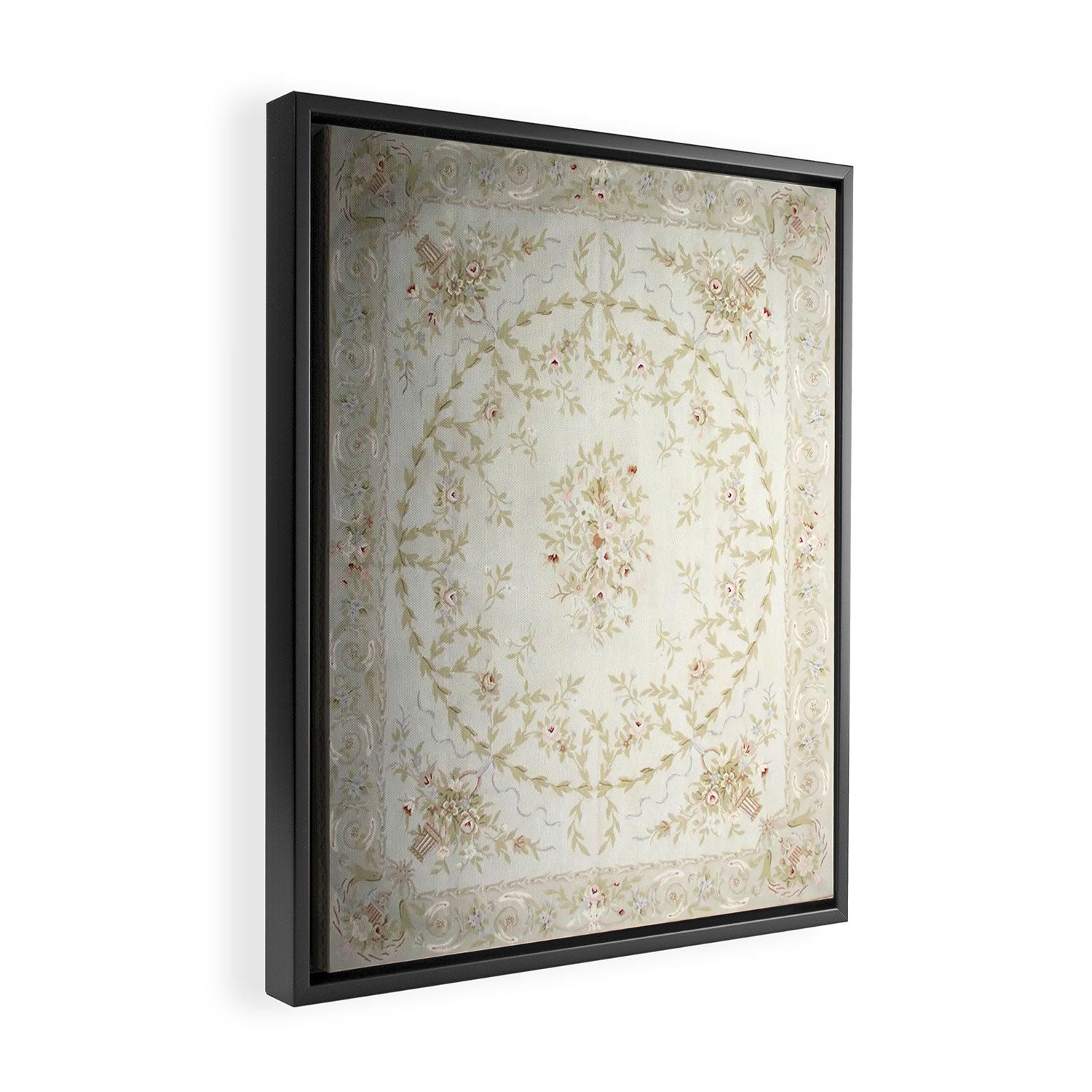 Antique French Aubusson Carpet Cream Rose Sage Floral Framed Canvas Print Gallery Image 2