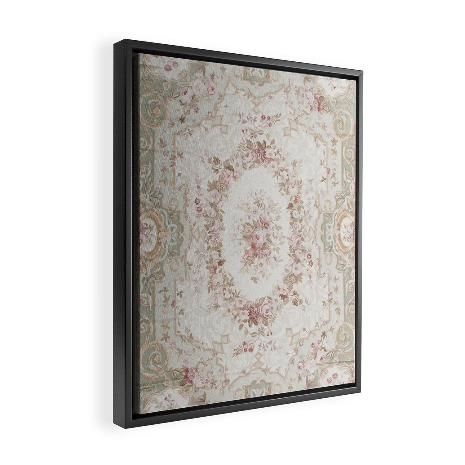 Antique French Aubusson Rose Sage Floral Framed Canvas Print Gallery Image 2